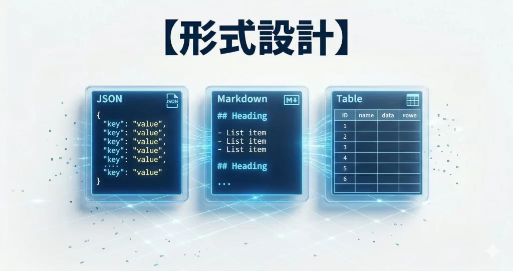 【形式設計】JSON、Markdown、表形式(Table)が整然と並ぶ、指示追従性を高めるための出力フォーマットデザインです。