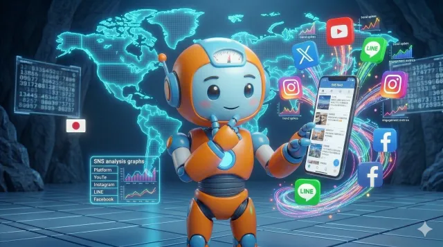 スマホからSNSアイコンが飛び出し、生成AIロボットがそれを観察している5個目の見出し画像