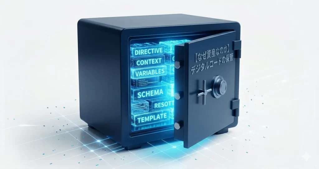 【なぜ資産なのか】重厚な金庫の中に保管されたDIRECTIVEやCONTEXTなどのデジタルコード資産のイメージです。