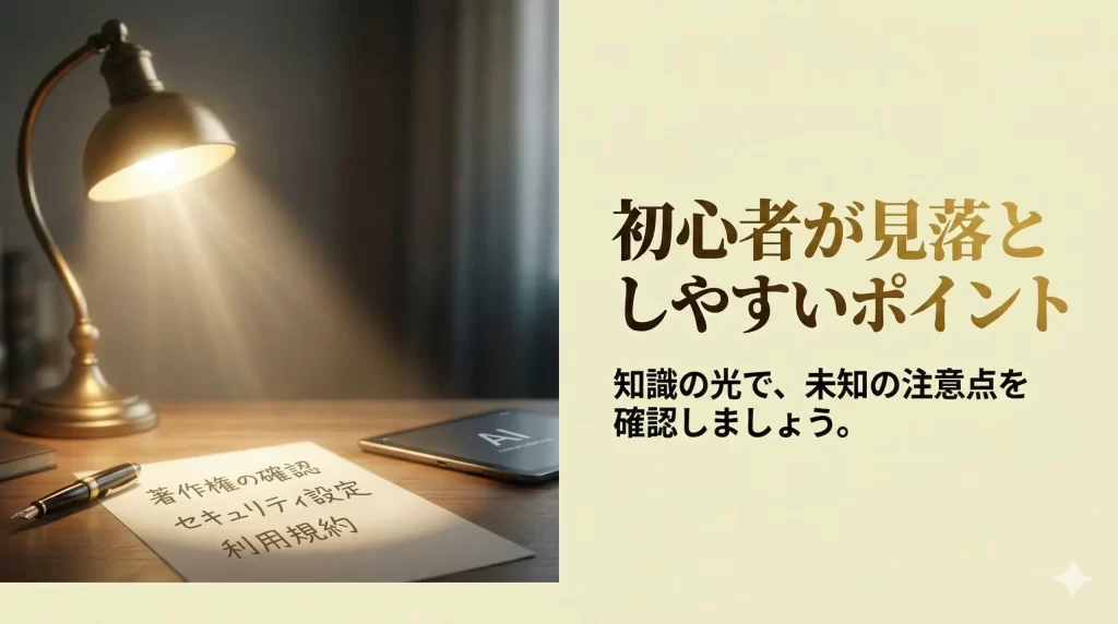 文章生成AI比較の初心者が見落としやすいポイントををを表しているH2見出し画像です。