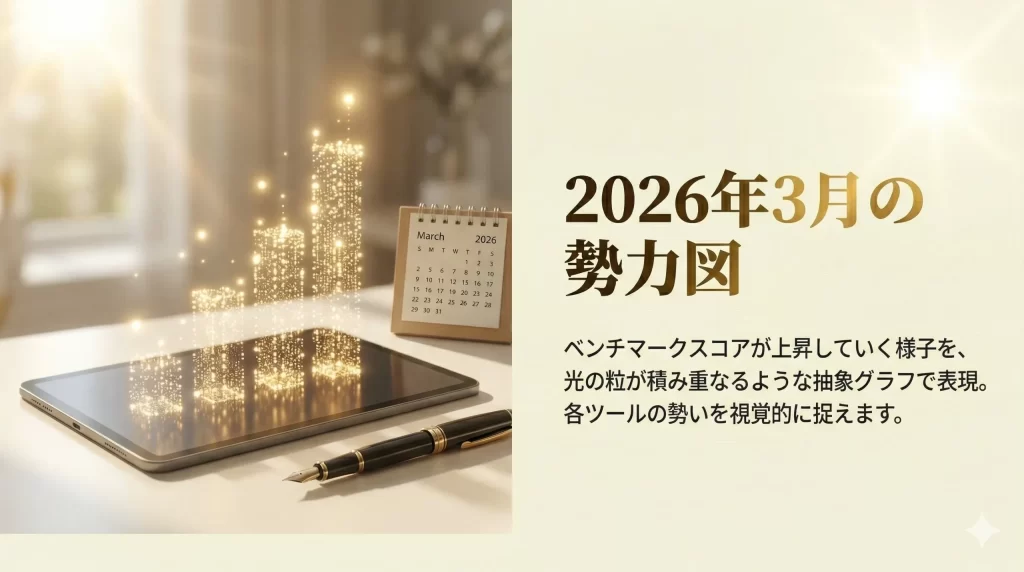 文章生成AI比較の2026年3月の勢力図を表しているH2見出し画像です。