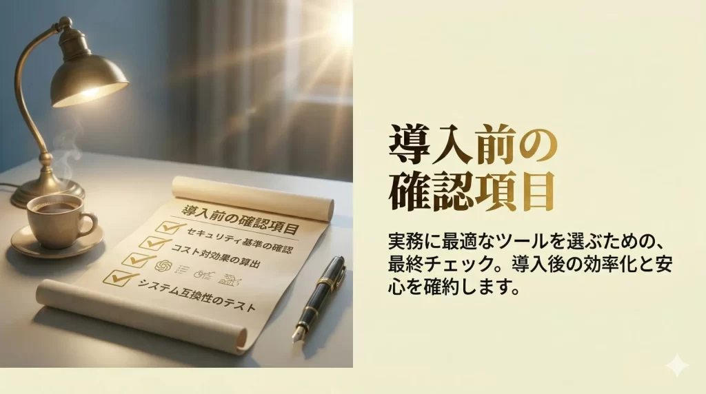 文章生成AI比較の導入前の確認項目が書かれた羊皮紙を表しているH2見出し画像です。
