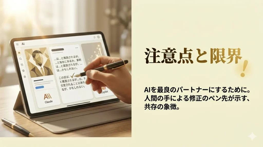 文章生成AI比較の注意点と限界点を表しているH2見出し画像です。
