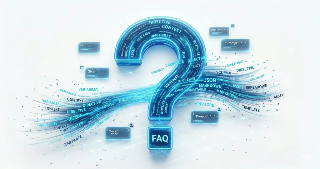 よくある質問(FAQ):プロンプトの文字列によって形成された知的な青いクエスチョンマークのビジュアルです。