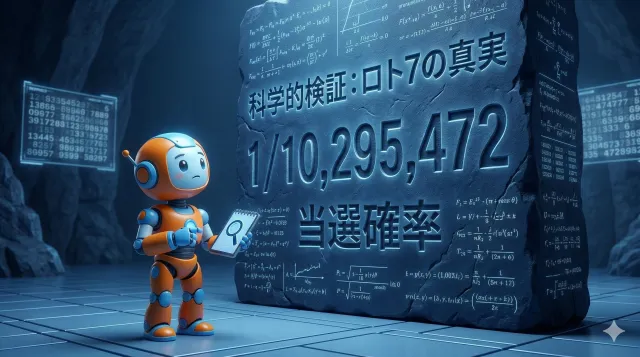 生成AIロボットが『1,029万分の1』の文字が刻まれたロト7の巨大な壁に立ち尽くす2個目の見出し画像